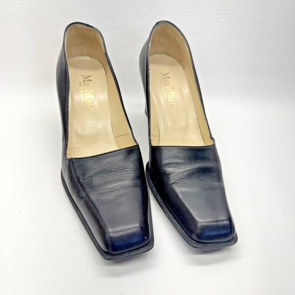 Max Mara Elegant Black Leather Italy Square Toe Classic Pumps Heels EU38.5/US8.5